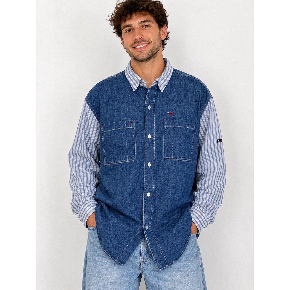 90s Vintage BUGLE BOY 100% Cotton Denim Button Down Shirt Mens XL Blue Striped